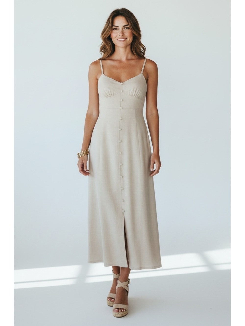 Monteau LA Linen-Blend Button-Down Midi Dress Cream Small EUC - Picture 1 of 6